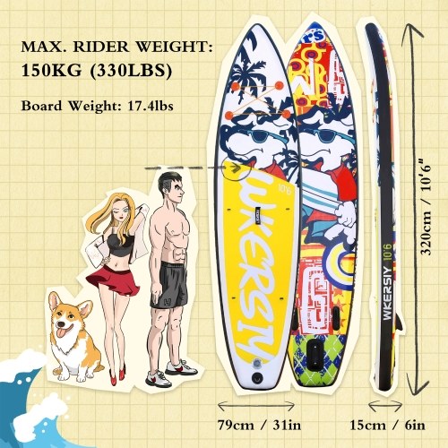 WKERSIY 3.2M inflável Stand Up Paddleboard SUP Board 6 polegadas de espessura SUP Surfboard Surf Set com Paddleboard Fin Surf Coiled Leash Inflator Bomba e saco de transporte