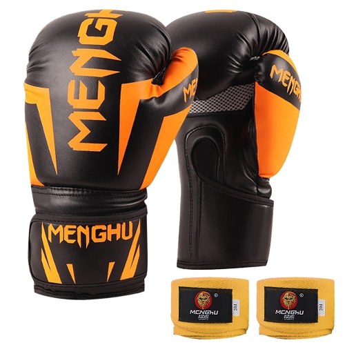 Gants de boxe avec sangles de maintien du poignet Kick Boxing Muay Thai Punching Training Bag Gants Bandages ajustables Moufles de sport de plein air Équipement de pratique de boxe pour sac de frappe Sac de boxe Pads de boxe 12 oz