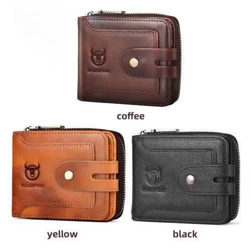 BULLCAPTAIN Genuine Leather Men's RFID Blocking Bifold Wallet Short Zip Design Multi-Card Slots & Money Clip Mens Wallets RFID Blocking for Cards and IDs