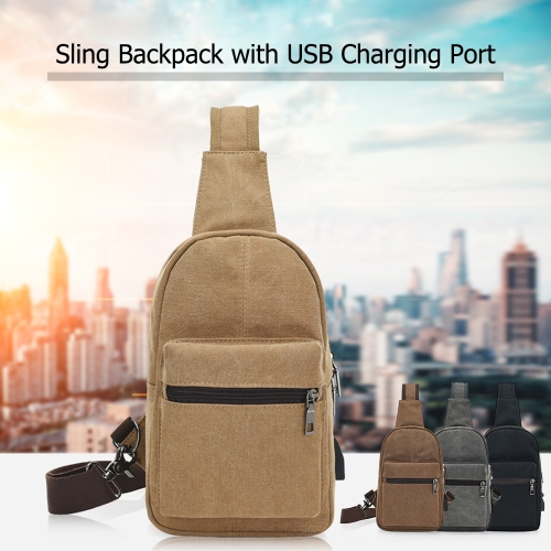 

Canvas Sling Backpack with USB Charging Port and Headphone Holes Casual Chest Travel Bag Shoulder Pack