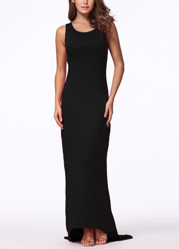 

Women Bare Back O Neck Sleeveless Maxi Dress