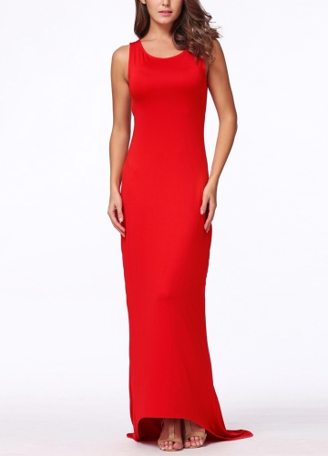 

Sexy Women Maxi Dress Bare Back Asymmetric Hem O Neck Sleeveless Prom Evening Party Gown Black/White/Red
