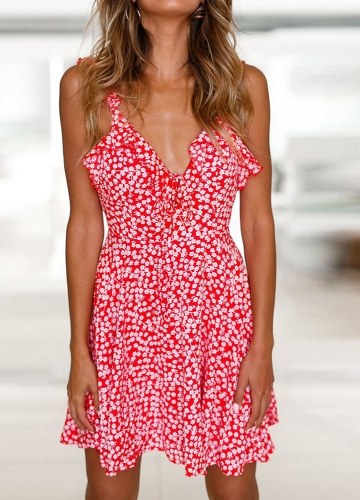 

Boho Floral Ruffle V Neck Backless Skirt Pleated Casual Beach Mini Sun Dress