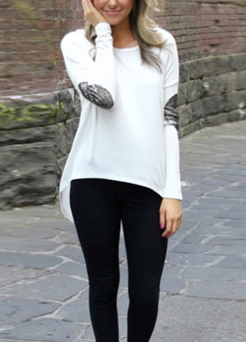 

Casual Patchwork Elbow Round Neck Long Sleeve Asymmetric Hem T-shirt