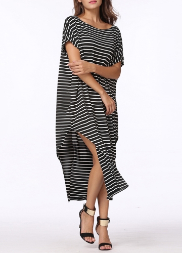 

Striped Batwing Off Shoulder Split Asymmetric Plus Size Women's Loose Maxi Dress