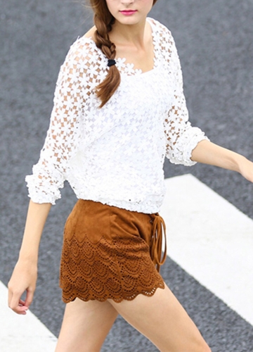 Chic Crochet Lace V-Neck Long Sleeve White Blouse with Vest