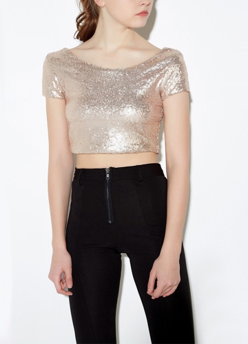 

Sexy Sequined Backless Round Neck Short Sleeve Crop Top