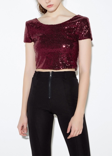 

Sexy Sequined Backless Round Neck Short Sleeve Crop Top