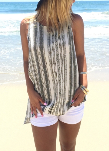 

Summer Fashion Stripe Asymmetrical Hem Linen Tank Top