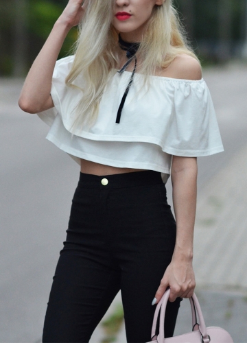 

Chic Boho Off Shoulder Stretch Trim Frilled Overlay Solid Crop Top