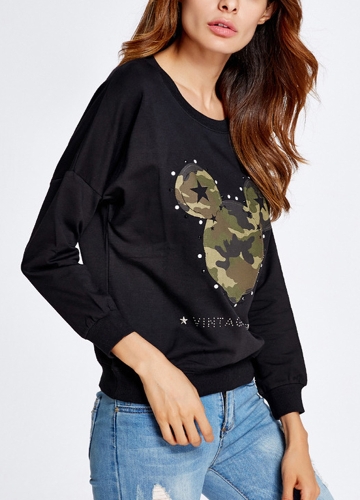 

Women Sweatshirt Camouflage Pattern Stars Appliques Letter Rhinestone Casual Pullover Top Black