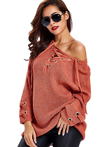 

Women V Neck Striped Bandage Cross Ties Knitted Sweater