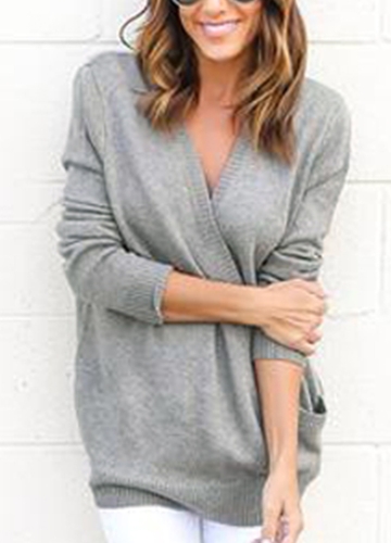 

Casual Plunge V Neck Long Sleeve Solid Color Loose Sweater