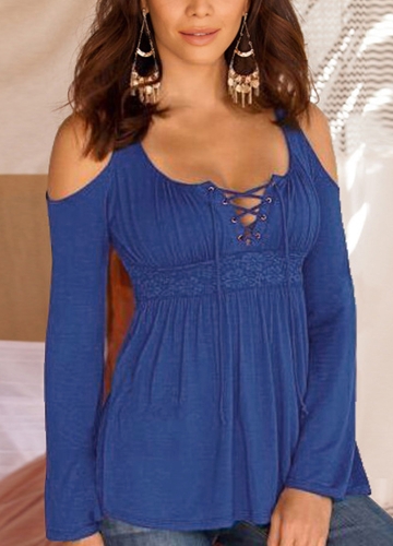 

Fashion Women Lace-Up V Neck Long Sleeve Solid Casual T-Shirt