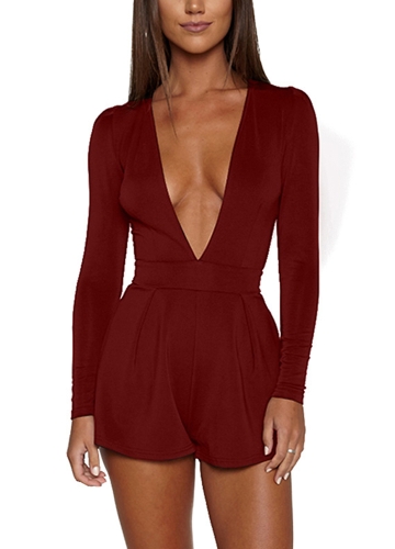 

Комбинезон Solid Color Plunge V Шея с длинным рукавом Повседневный Slim Short Playsuit Rompers