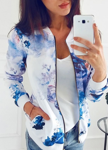 

Floral Print Coats Long Sleeve Zipper Bomber Jacket Casual Top Streetwear
