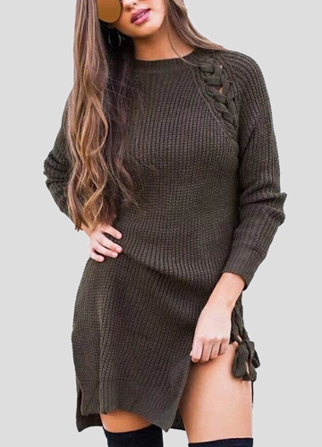 

Sexy Winter Women Lace Up Knit Sweater O Neck Long Sleeve Split Knitted Pullover Jumper Knitwear