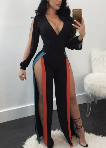 

Сексуальные комбинезоны Stretchy Colorful Stripes Split Cut Out с длинным рукавом Bodycon Clubwear