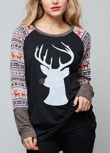 Autumn Women Christmas Reindeer Print O-Neck Long Sleeve Shirt T-Shirt