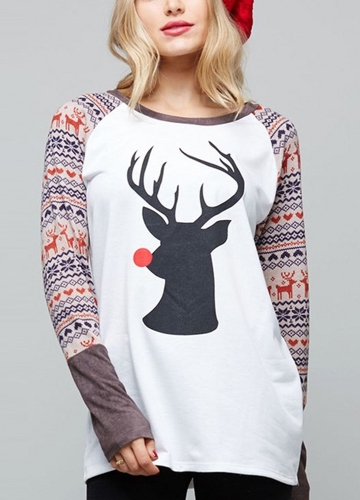 

Autumn Women Christmas Reindeer Print O-Neck Long Sleeve Shirt T-Shirt