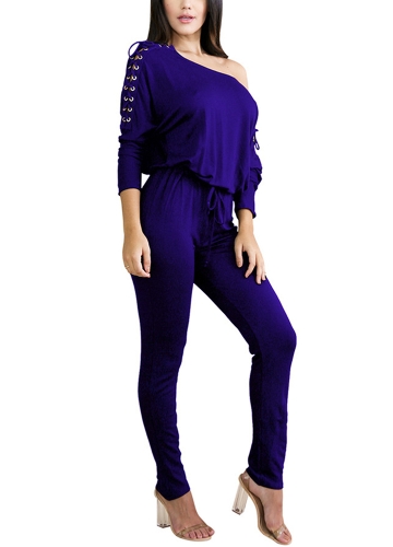 

Solid Off Shoulder Jumpsuit Lace Up Bandage Bodycon Clubwear Romper Playsuit