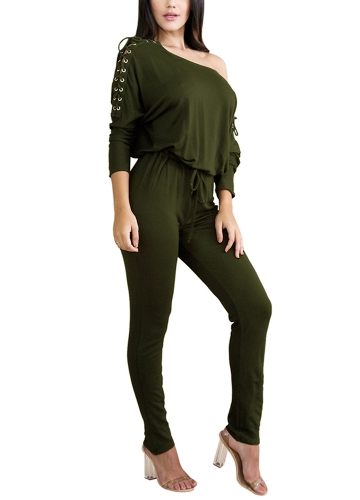 

Solid Off Shoulder Jumpsuit Lace Up Bandage Bodycon Clubwear Romper Playsuit