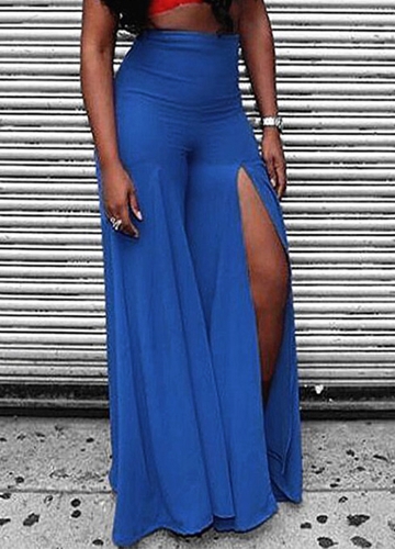 

Women Pants Solid Color Side Split High Waist Wide Loose Flared Legs Baggy Casual Trousers