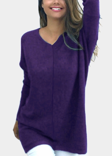 

Women Long Sleeves Solid Top V-Neck Loose Pullover T-Shirt