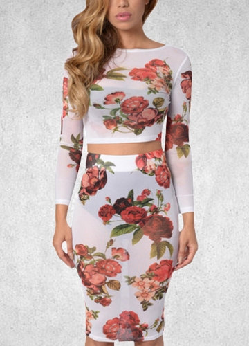 

Sexy Women Sheer Floral Mesh Skirt Set Bodycon Casual Bandage Pencil Dress