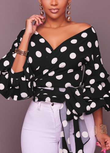 

Модный случайный кардиган Dot Tribal Print Layer Lantern Sleeve V Neck Blouse Tops