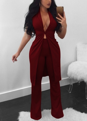 

Sexy Long Vest V-Neck Flare Pants Casual Coat Trousers Set Solid Outfit Outerwear