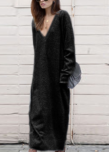 

Зимние женщины Maxi Loose Deep V Neck с длинным рукавом Трикотажное платье