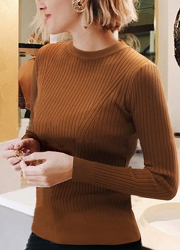 

Women High Elastic Long Sleeves Solid O Neck Slim Knitted Sweater