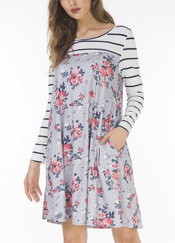 

Women Autumn Floral Stripe Print Long Sleeve Pockets Casual Loose Dress