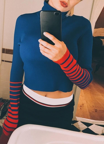 

Women High Neck Jumper Stripe Long Sleeves Crop Top Casual Tee