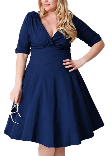 

Сексуальные женщины V Шея Твердые Стройный Ruched Элегантный вечер Swing Skater Dress