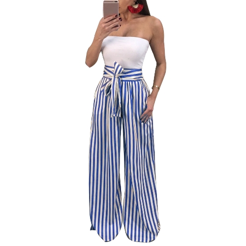 

Women Pants Contrast Stripes Print High Waist Straight Wide Legs Bow Tie Casual Trousers Party Wear