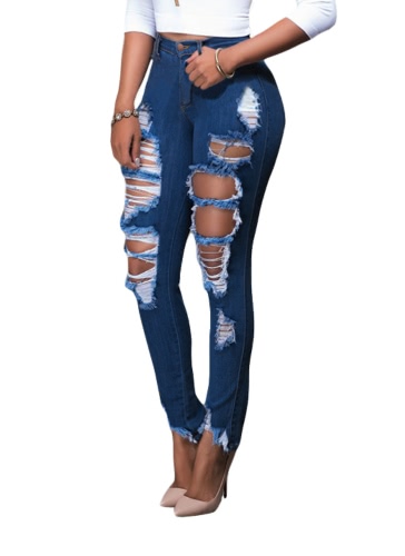 

Denim Разрушенный Изношенные отверстия Zipper Карманы вскользь Тощий карандаш брюки