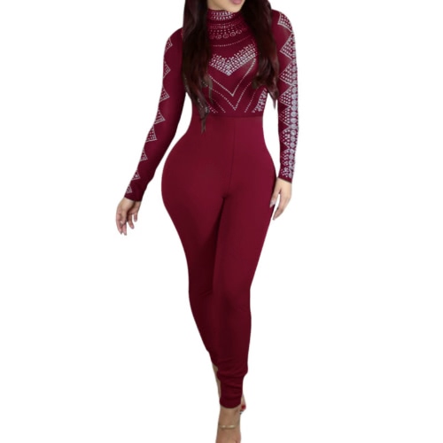 

Сексуальные женщины Bodycon Bodysuit печати Водолазка с длинным рукавом колготки Эластичный комбинезон Rompers