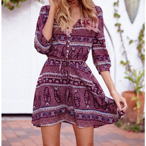 

Женщины Летнее платье Урожай Boho Цветочные печати 3/4 рукава Пляж Bohemian Sundress Фиолетовый / желтый