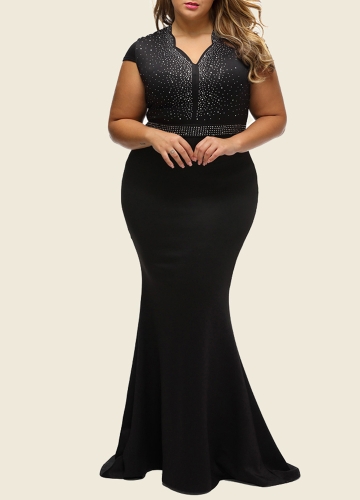 

Женщины Плюс размер платья Rhinestone Scalloped V шеи высокой талией Длинные платье большого размера Элегантный цельный черный