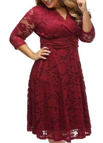 

Plus Size Floral Lace Cross V Neck Ruffled Waist A-Line Midi Dress