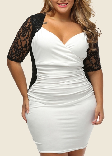 

Plus Size Lace Ruched V Neck Half Sleeve Sexy Elegant Club Party One-Piece