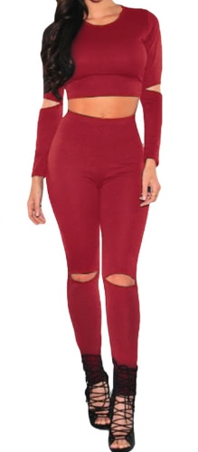 

Новый сексуальный Женщины Вырез Two-Piece Set Длинные рукава Crop Top Bodycon Длинные брюки Твердые Тонкий костюмы TwinSet