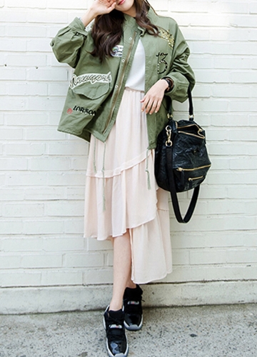 

Fashion Women Rivet Patches Embroidery Sleeve Drawstring Loose Outerwear