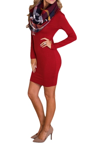

Elegant Solid Color Round Neck Long Sleeve Women's Bodycon Mini Dress