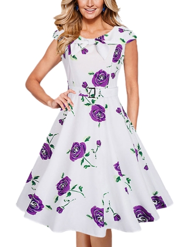 

Fashion Women Vintage Rose Print Party Swing Dress