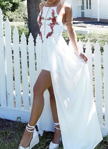 

Sexy Floral Embroidery Cross Backless Sleeveless Split Women's Maxi Dress