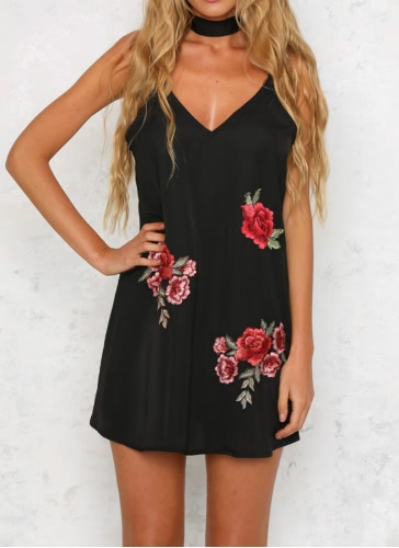 

Sexy Floral Embroidery Plunge V Neck Choker Women's Mini Slip Dress