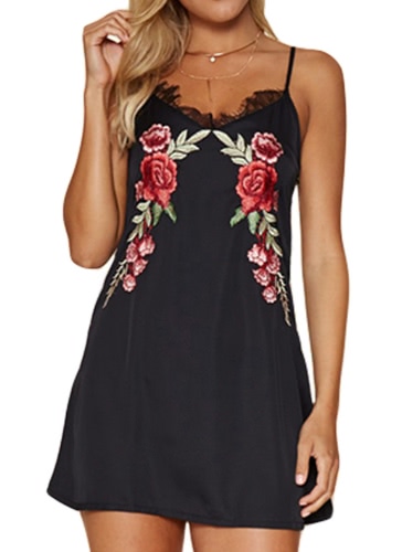 

Sexy Women's Embroidery Lace V Neck Strap Backless Mini Dress